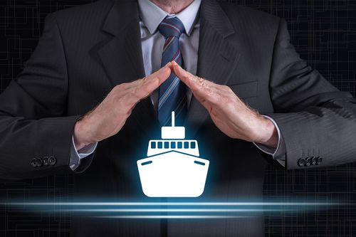 Man in suit protecting a boat icon with hands, symbolizing insurance or protection. Man in suit protecting a boat icon with hands, symbolizing insurance or protection.