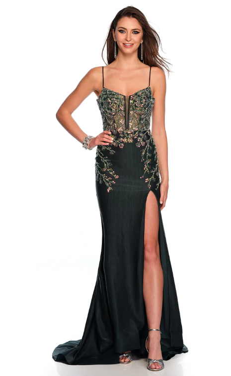Dave & Johnny
Available in sizes 00-14
U neck illusion corset with beaded motif
Cut out lace up back
Fitted skirt with front side slit & sweeping train
Shiny stretch jersey
Style #11551