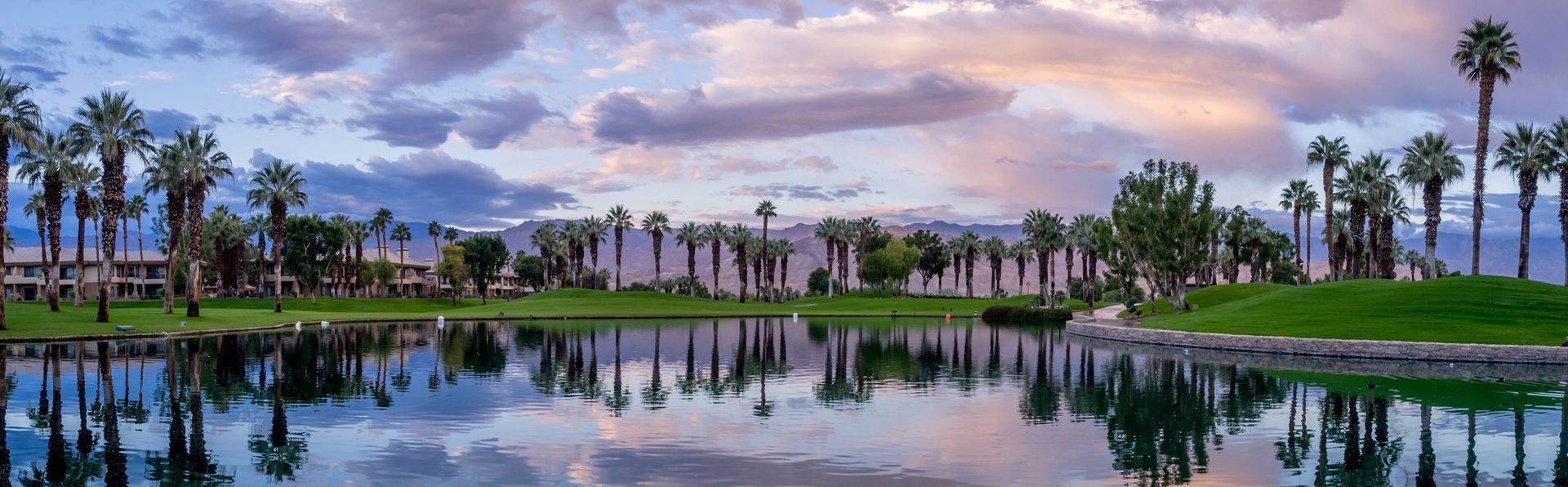 Palm trees reflected in a calm lake at dusk; buildings and green grass in the background.