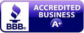 BBB Accredited Business logo with A+ rating. Features torch flame symbol and text.