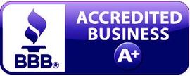 BBB Accredited Business logo with a flame and A+ rating.