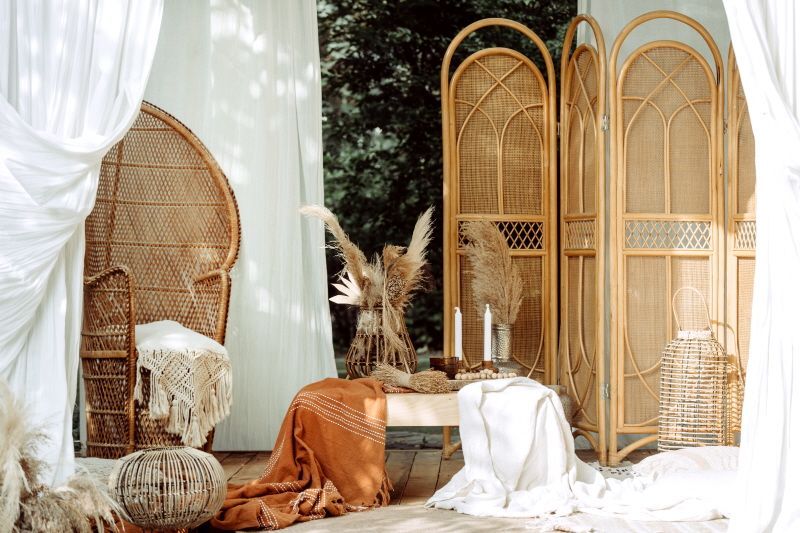 Wicker Furniture in a Bohemian style white tent