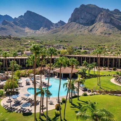 Resort pool with palm trees, green lawn, and mountain backdrop.