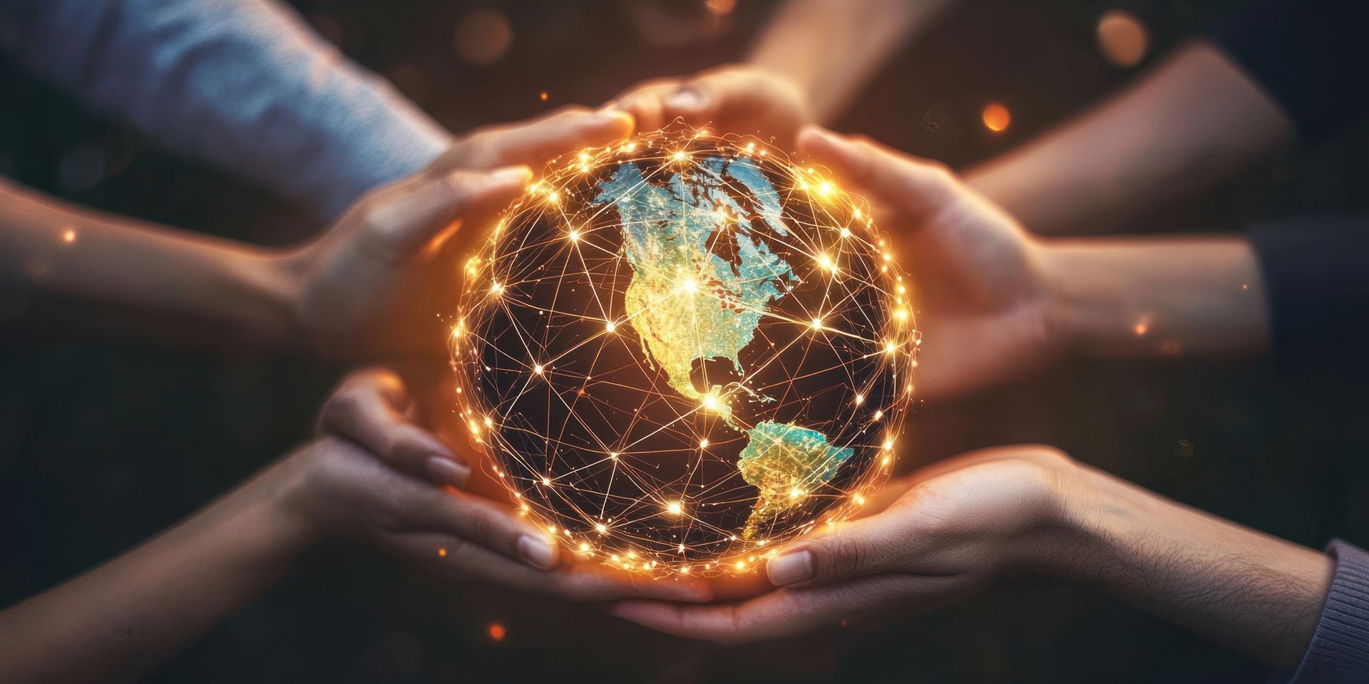 Hands cupping a glowing globe with interconnected lines, representing global connection.