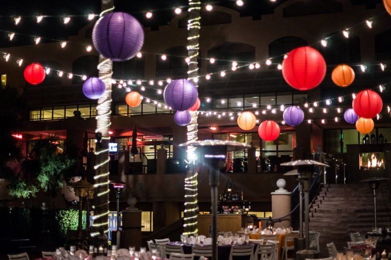 Wedding celebration Indian style Sangeet outdoor decor with light balls