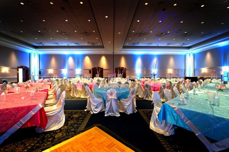 Wedding celebration Indian styled colorful ballroom setup