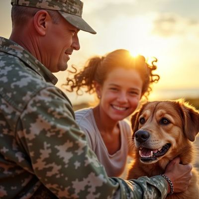 Soldier in camouflage uniform petting a dog with a girl, smiling, at sunset.
