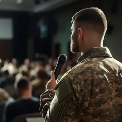 A man in a camouflage uniform speaks into a microphone in a crowded auditorium.