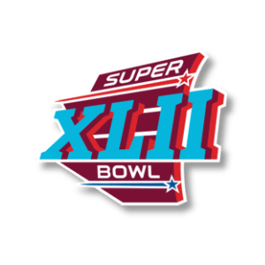 Super Bowl XLII logo: Text in blue and red on a white background.