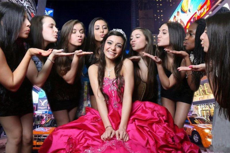 Teen birthday party sweet 16 celebration showing group surrounding teen in red dress