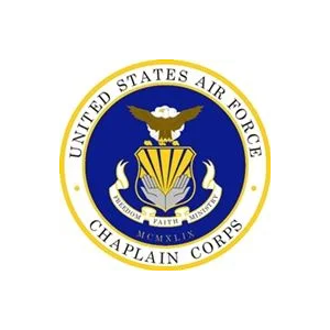 United States Air Force Chaplain Corps emblem with eagle and shield on blue and gold seal.