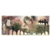 People walking in a park, overlaid with images of a mother and child hugging and a silhouetted family on a bench.