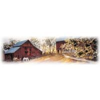 Red barns in a rural landscape, with trees and a white horse grazing nearby.