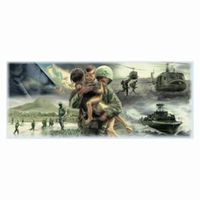 Soldier carrying children, with helicopters and boats in a war scene.
