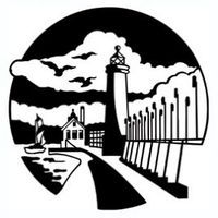 Lighthouse and pier in a circular design; sailboat on water, clouds, and birds in the sky.