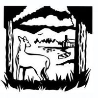 Deer gazing at a mountain landscape framed by trees, with a building in the distance.