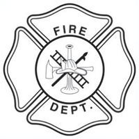 Fire Department logo: Maltese cross with center circle containing tools and helmet.