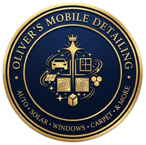 Oliver’s Mobile Detailing gold-and-navy logo with car, windows, solar, carpet, and more icons