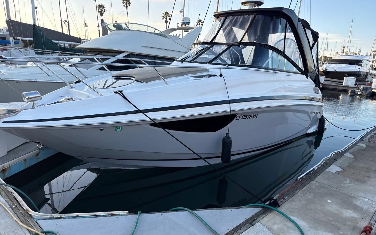 White motorboat docked at a marina, shown from the front-left side with calm water and neighboring boats.