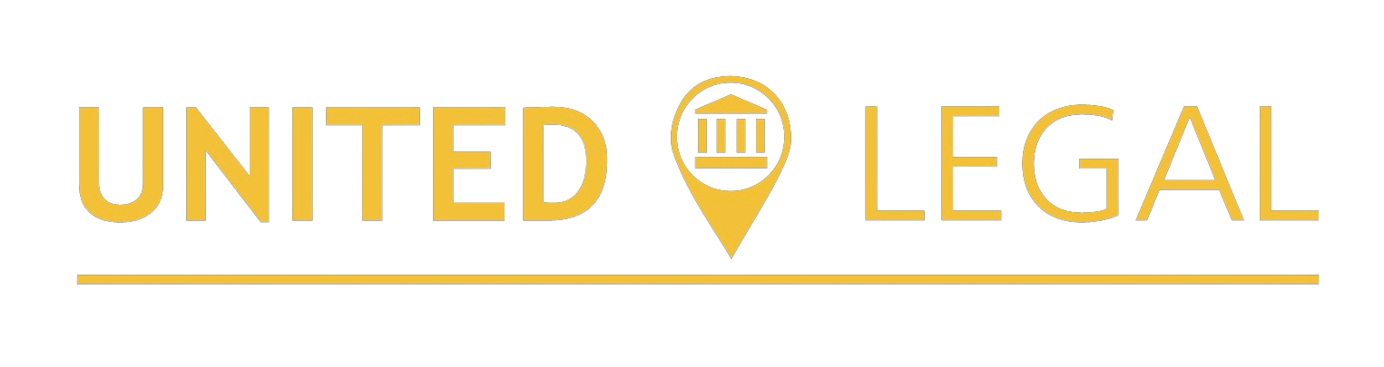 A logo for united legal with a map pin on a white background.