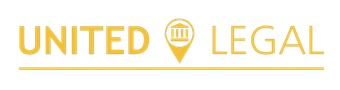 A logo for united legal with a map pin on a white background.