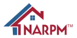A red , white and blue logo for narpm with a house on it.