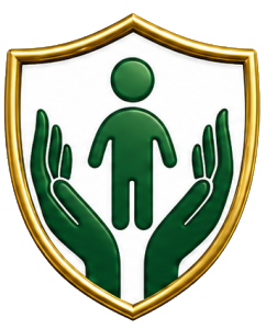 Green person icon inside a gold shield, held by two green hands, symbolizing protection and care