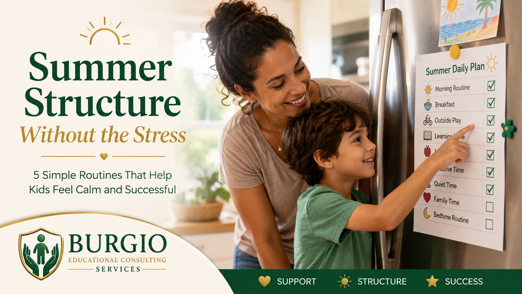 Mother and child marking a summer structure checklist beside “Summer Structure Without the Stress” text.