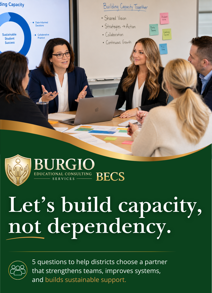 Business meeting with four people around a laptop, BURGIO BECS logo, and text: “Let’s build capacity, not dependency.”