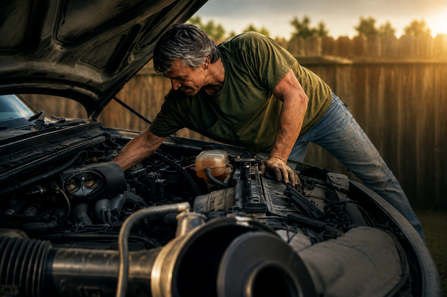 Man in green shirt inspecting a car engine with the hood open at sunset, in a field