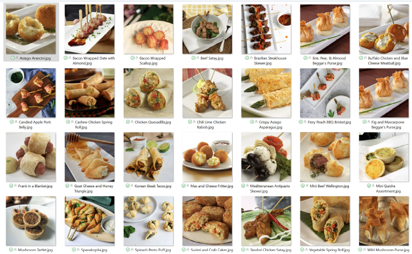 A grid of 28 thumbnail images showcasing various appetizers and finger foods arranged on plates. A grid of 28 thumbnail images showcasing various appetizers and finger foods arranged on plates.