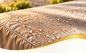 Close-up of a beige fabric cushion with water droplets and a gold trim edge.