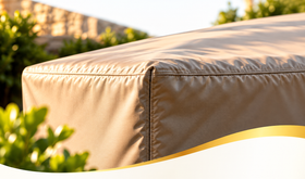 Beige outdoor furniture cushion in sunlight with blurred garden background