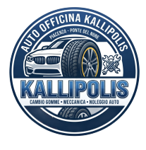Logo circolare blu e bianco di Auto Officina Kallipolis, con un’auto sportiva e testo dedicato alla meccanica e al noleggio auto
