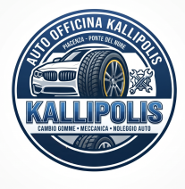 Logo circolare blu e bianco di Auto Officina Kallipolis, con un’auto sportiva e testo dedicato alla meccanica e al noleggio auto