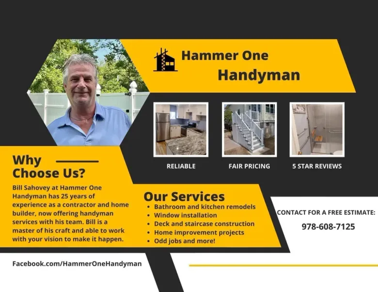 Hammer One Handyman flyer with services, photos, yellow-black design, and contact number 978-608-7125