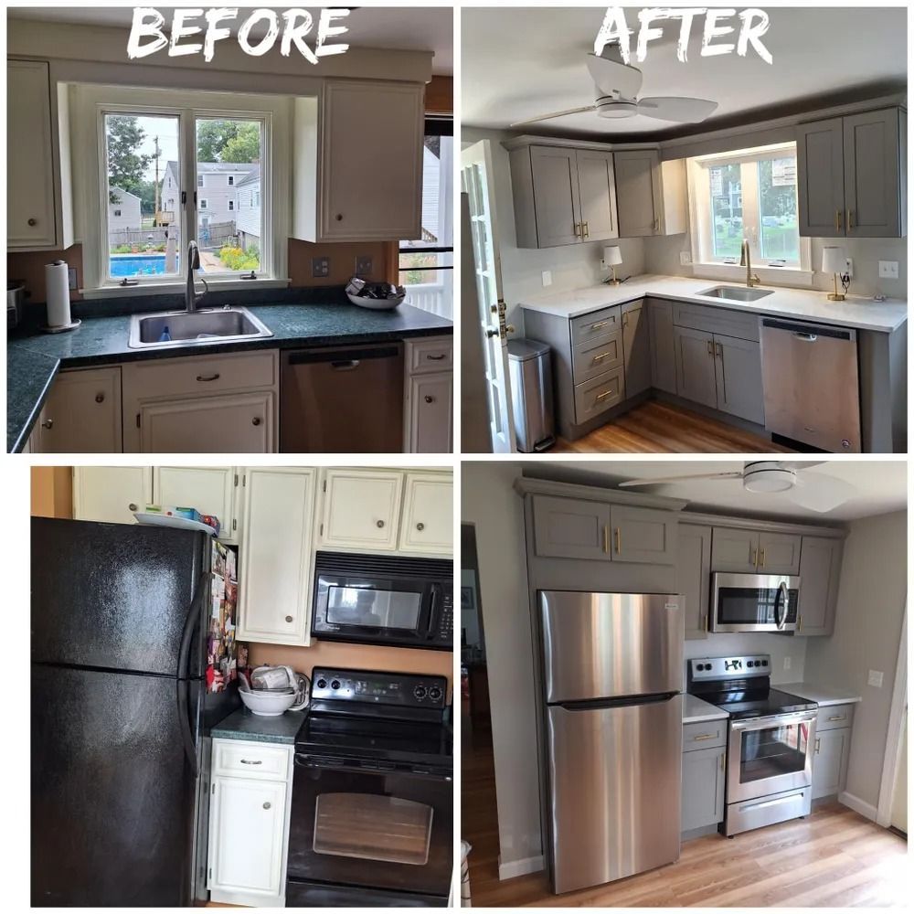 Before-and-after kitchen remodel: old beige kitchen and updated gray-white kitchen with stainless steel appliances.