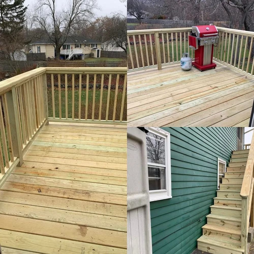 Composite view of a wooden deck and stairs, with a red grill on the upper deck and a green house below