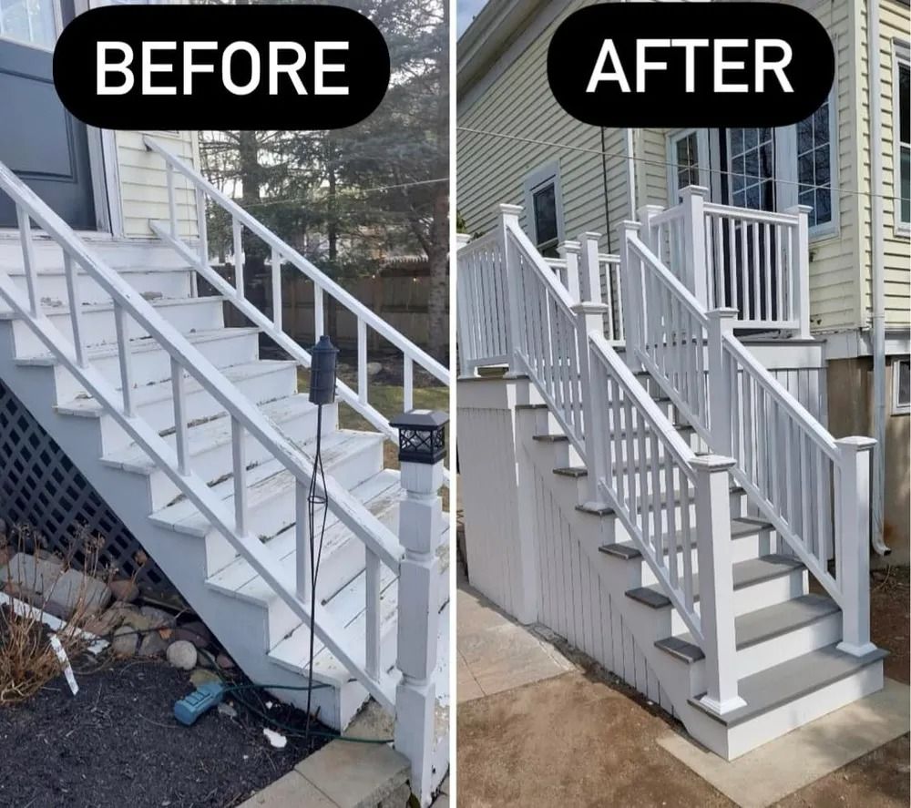 Before-and-after of a staircase: old gray stairs on left, newly renovated white porch stairs on right.