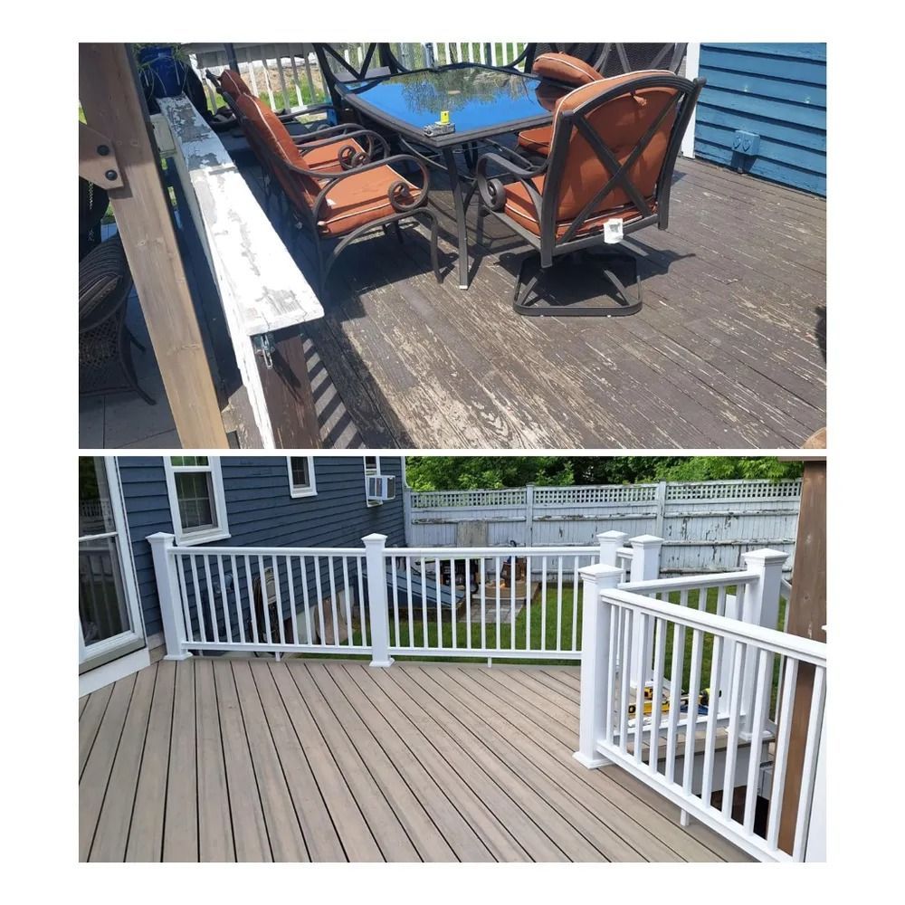 Before-and-after deck makeover: top shows patio furniture on dark wood, bottom shows empty light gray deck with white railing.