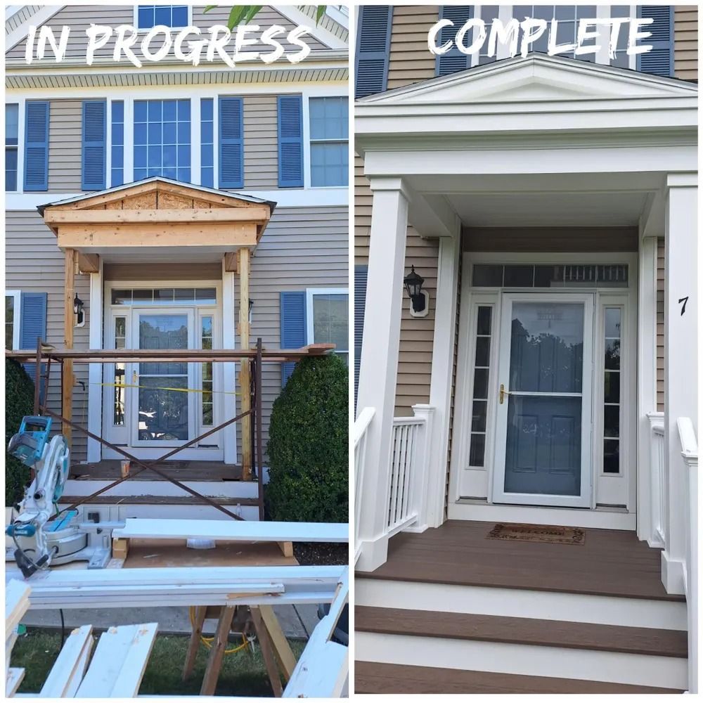 Side-by-side porch renovation: unfinished left labeled “IN PROGRESS,” finished white porch labeled “COMPLETE.”