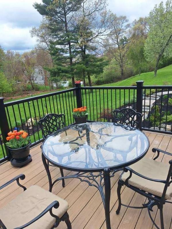 Patio with glass table and chairs, potted flowers, black railing, and a grassy backyard with trees.