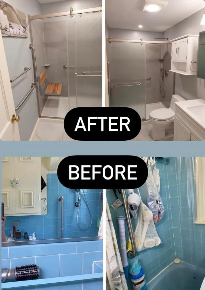 Before-and-after bathroom shower remodel: blue tile transformed to a modern gray walk-in shower.
