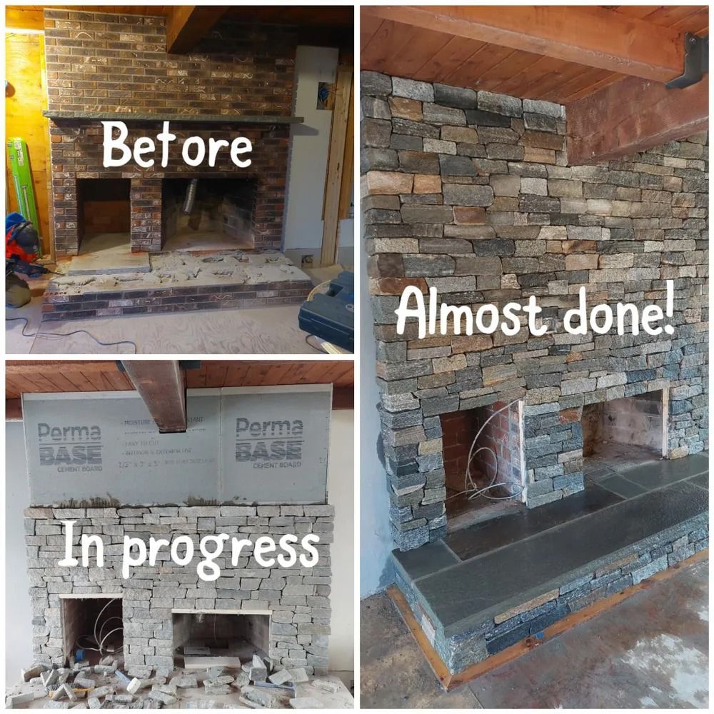 Four-panel fireplace renovation collage showing before, in progress, and almost done with stacked stone.