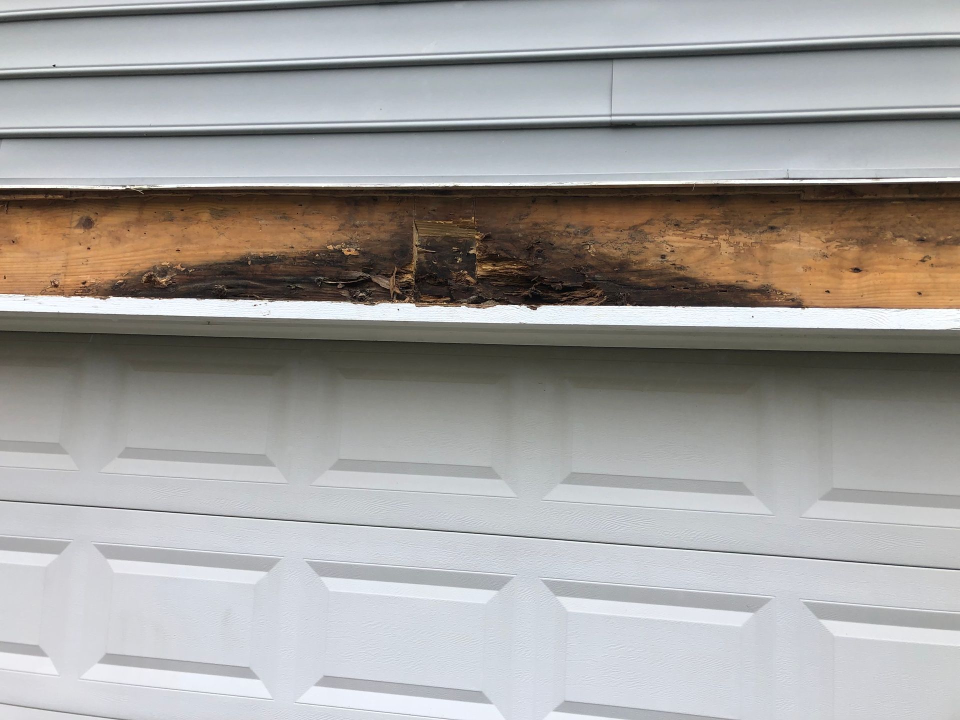 A close-up view of rotted, dark wood trim above a white garage door, showing significant water damage and decay.