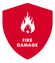 A red shield-shaped icon featuring a white flame symbol above the text 