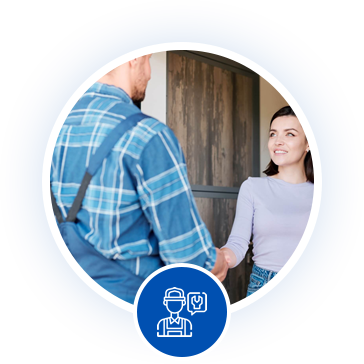 A service worker in a blue plaid shirt shakes hands with a customer at a doorway, featuring a technician icon overlay.