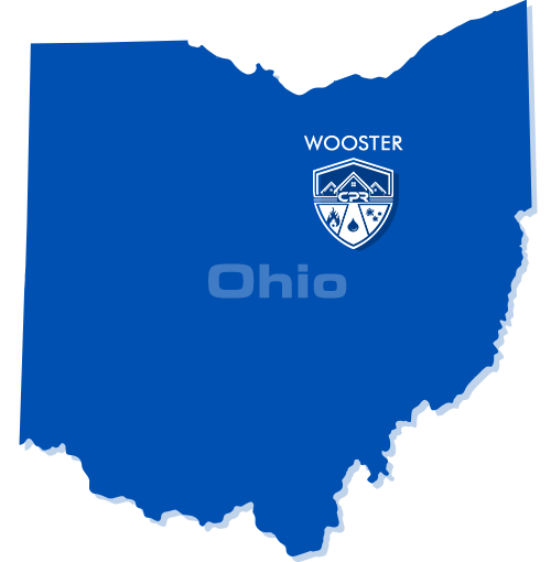 A blue map of Ohio featuring a logo with a shield icon labeled 