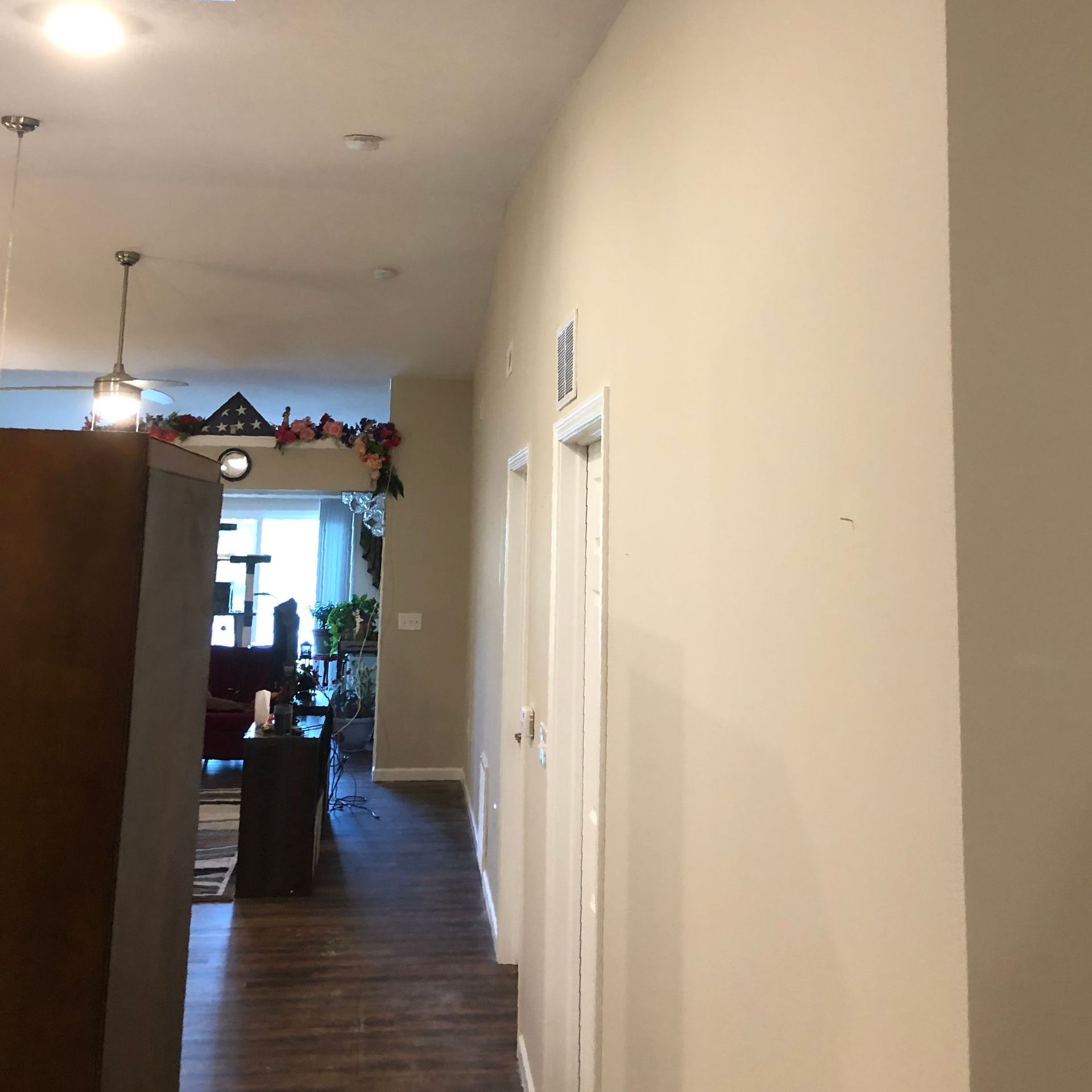 A hallway with light-colored walls leads toward a brightly lit living area with dark wood flooring and decor.