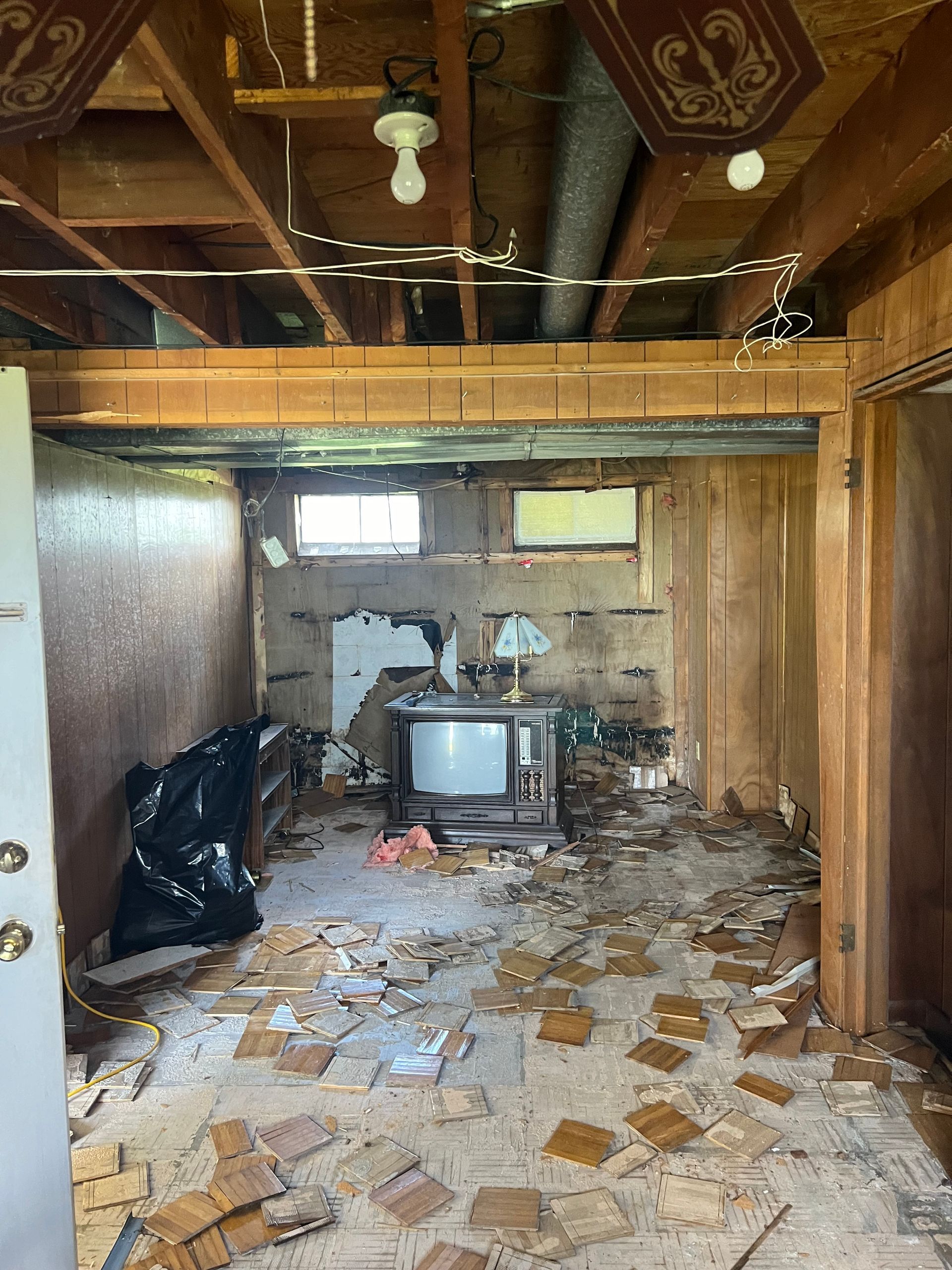 A dilapidated, unfinished basement with debris-covered floors, exposed ceiling joists, and old furniture.